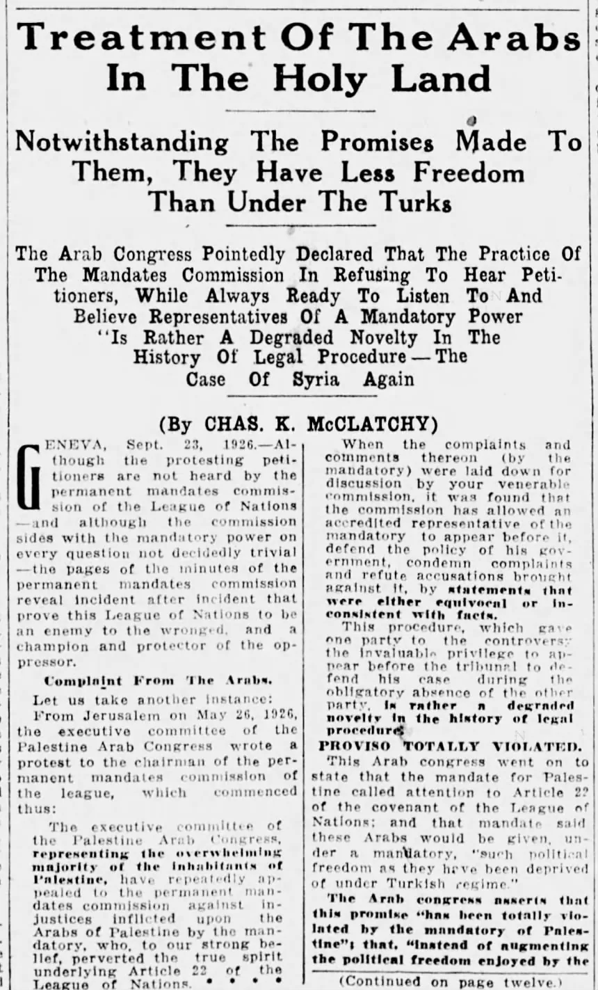 Treatment Of The Arabs In The Holy Land — The Sacramento Bee, 14 October 1926