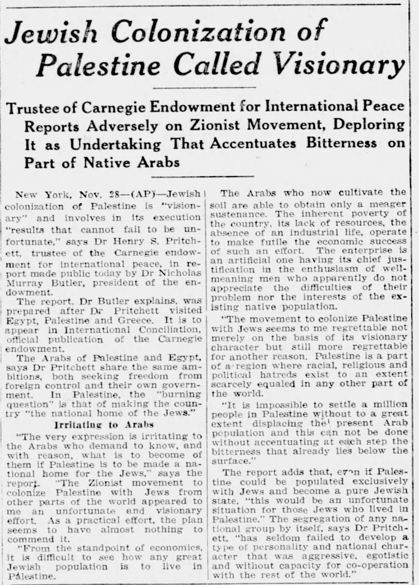 Jewish Colonization of Palestine Called Visionary &mdash; Springfield Daily Republican, 29 November 1926