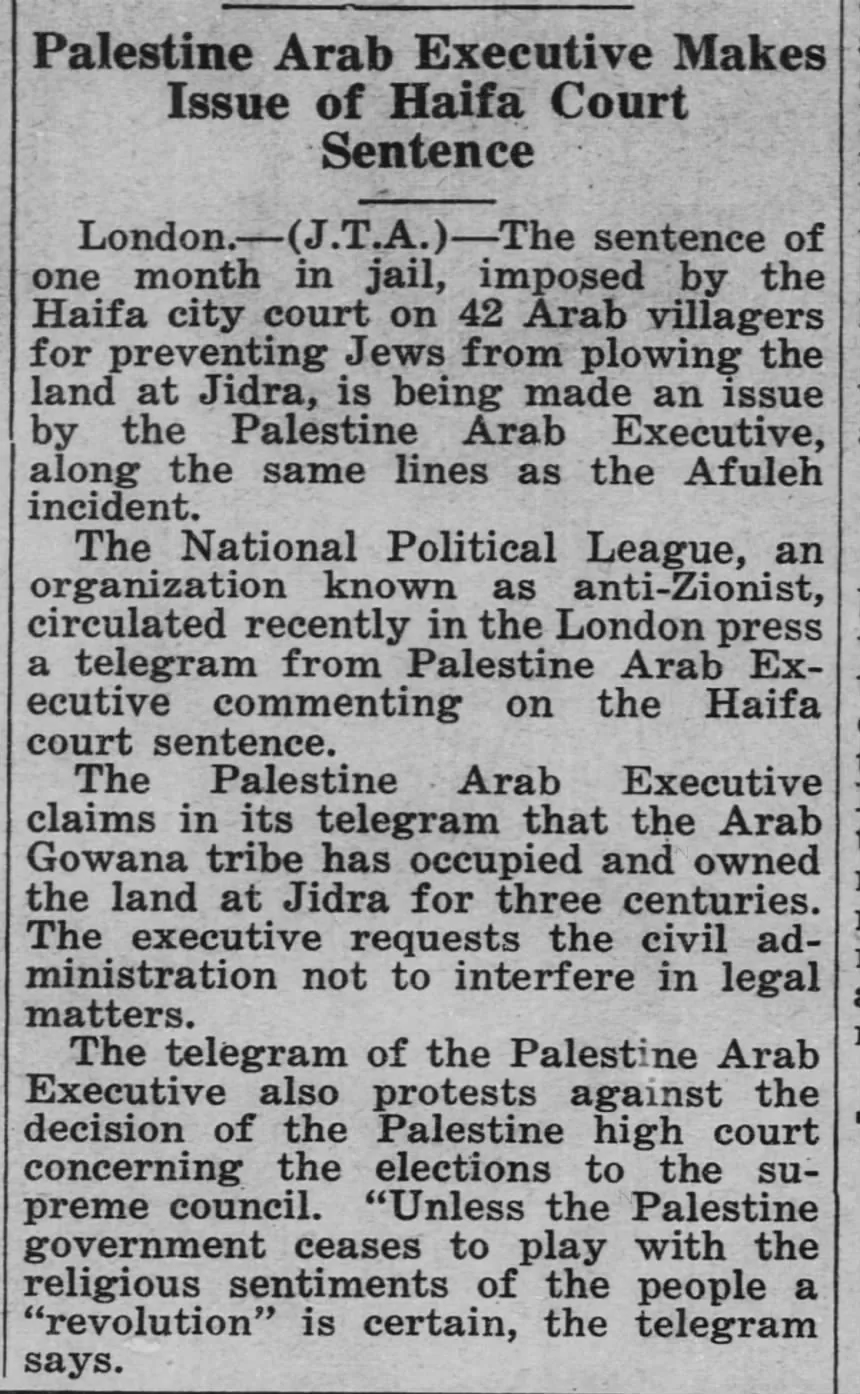Palestine Arab Executive Makes Issue of Haifa Court Sentence &mdash; Wisconsin Jewish Chronicle, 26 February 1926