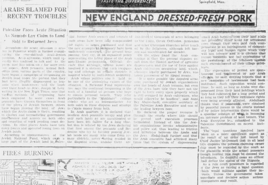 Arabs Blamed for Recent Troubles &mdash; Bennington Evening Banner, 30 March 1932