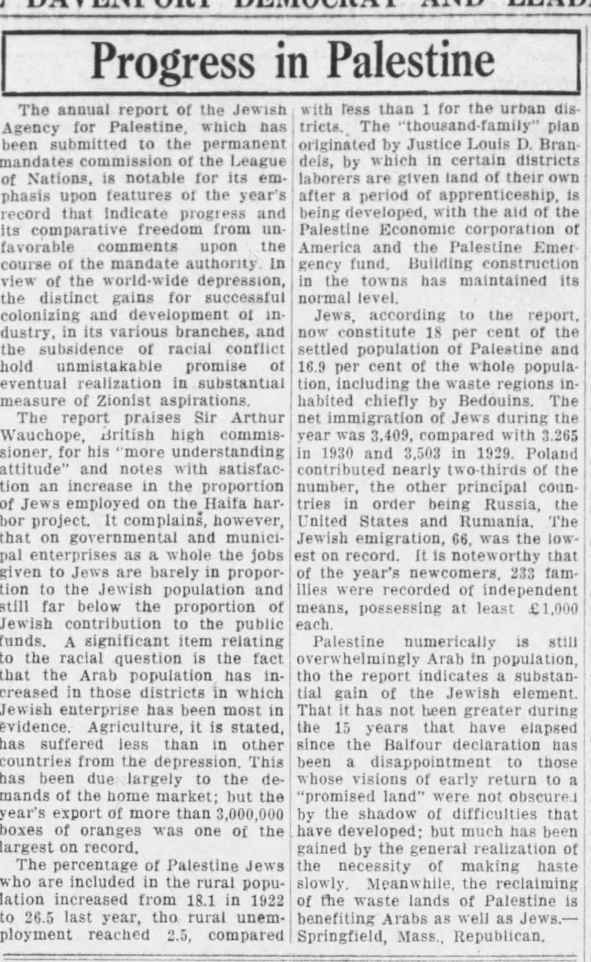 Progress in Palestine — Quad City Times, 10 November 1932