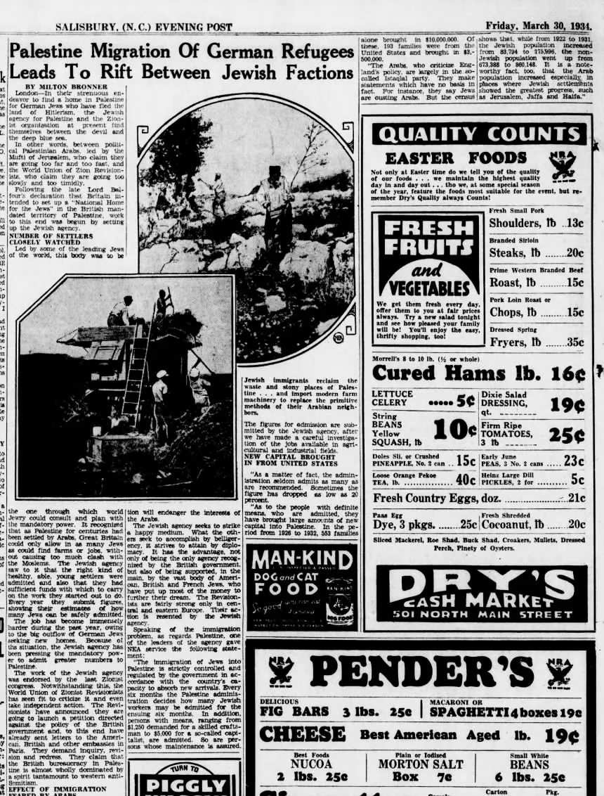 Palestine Migration Of German Refugees Leads To Rift Between Jewish Factions &mdash; Salisbury Evening Post, 30 March 1934