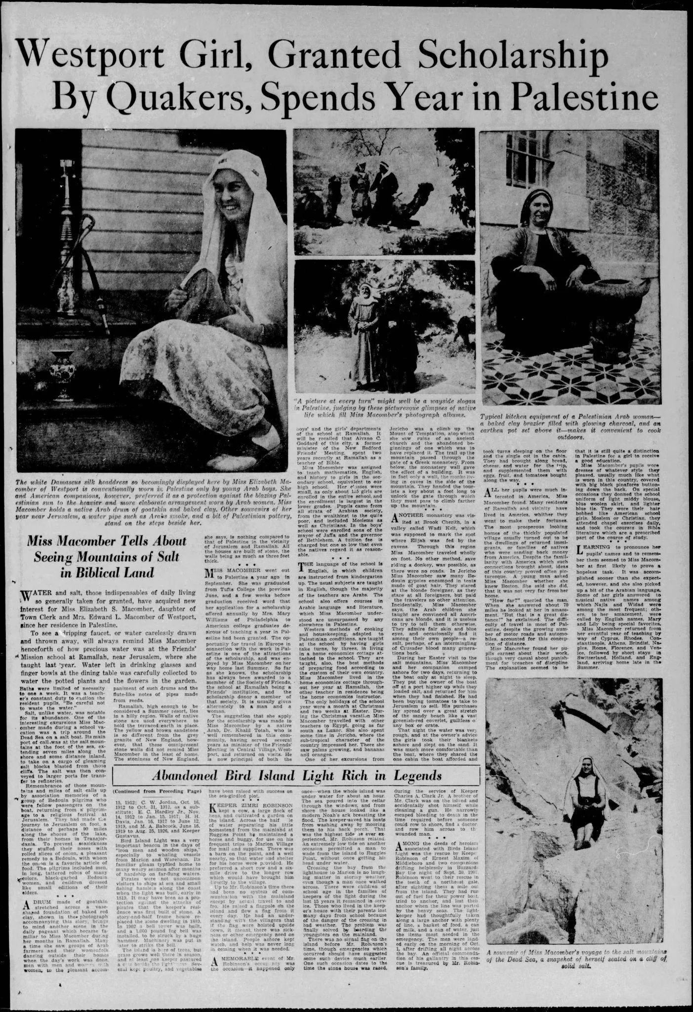 Westport Girl, Granted Scholarship By Quakers, Spends Year in Palestine — The Standard Times, 4 November 1934