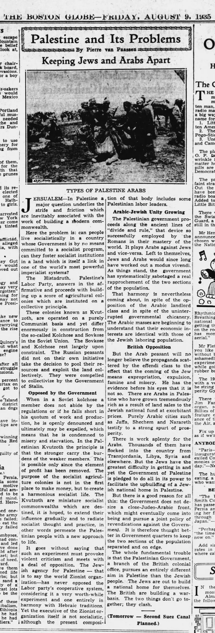 Palestine and Its Problems: Keeping Jews and Arabs Apart — Boston Evening Globe, 9 August 1935