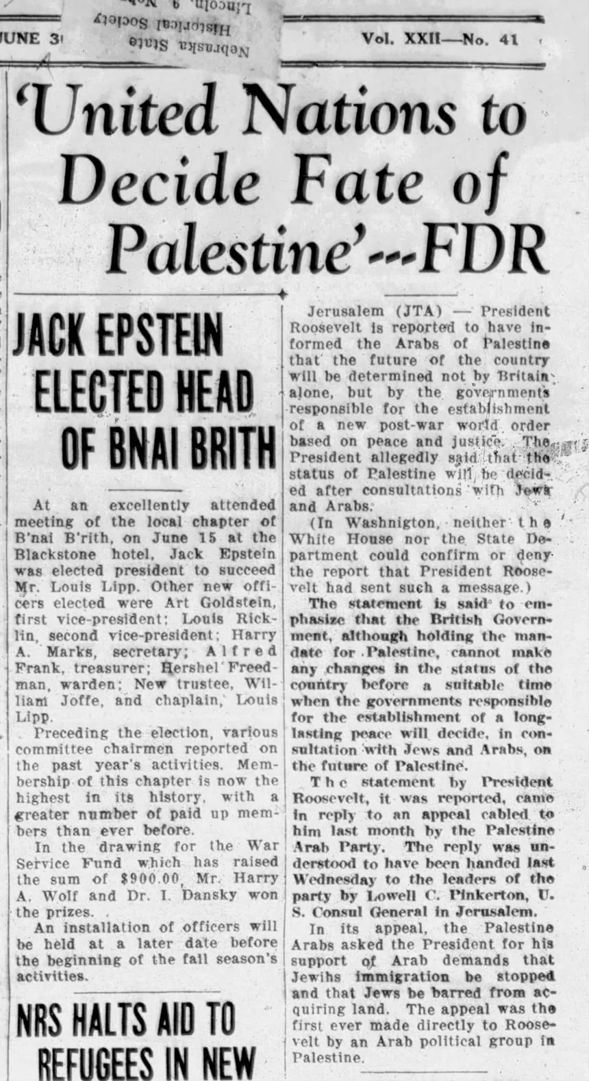 United Nations to Decide Fate of Palestine — Omaha World-Herald, 24 July 1944