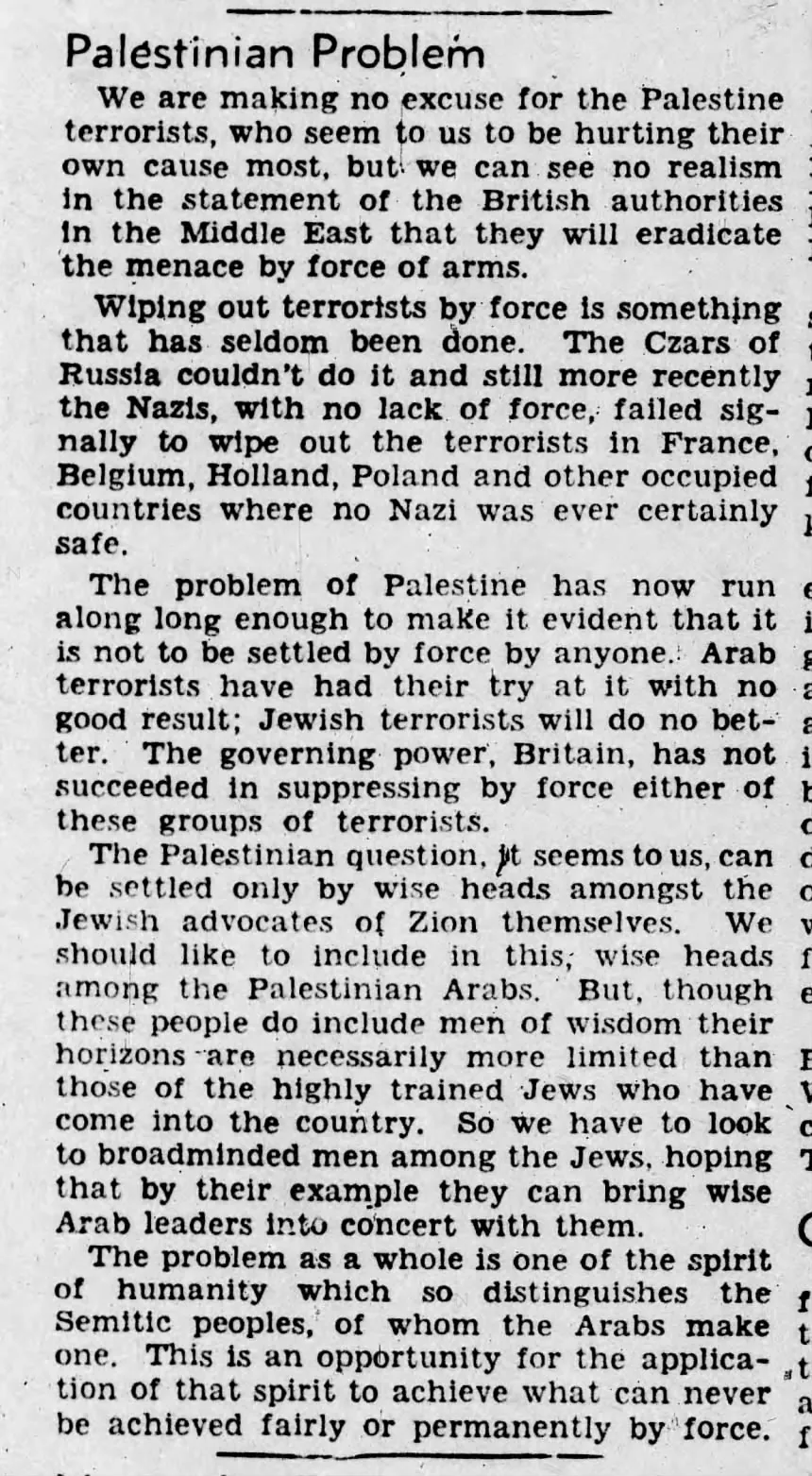 Palestinian Problem &mdash; San Francisco Chronicle, 13 October 1944