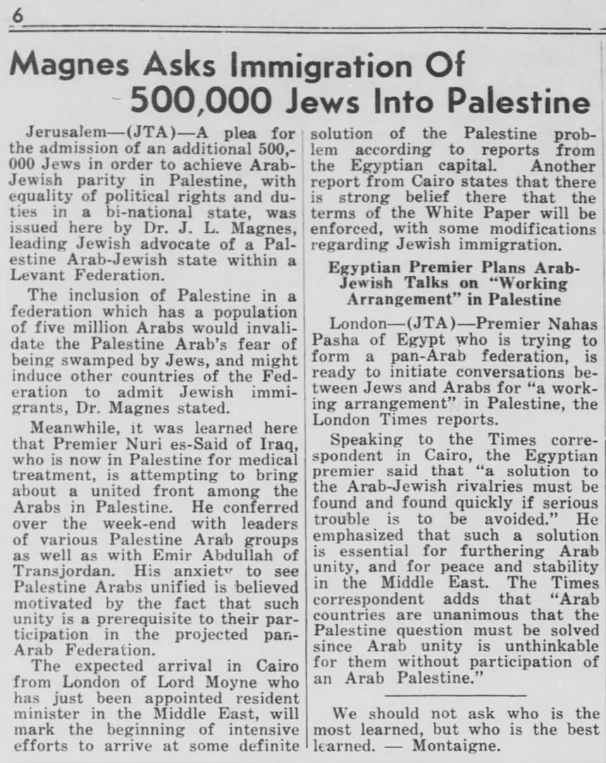 Magnes Asks Immigration Of 500,000 Jews Into Palestine — Wisconsin Jewish Chronicle, 11 February 1944