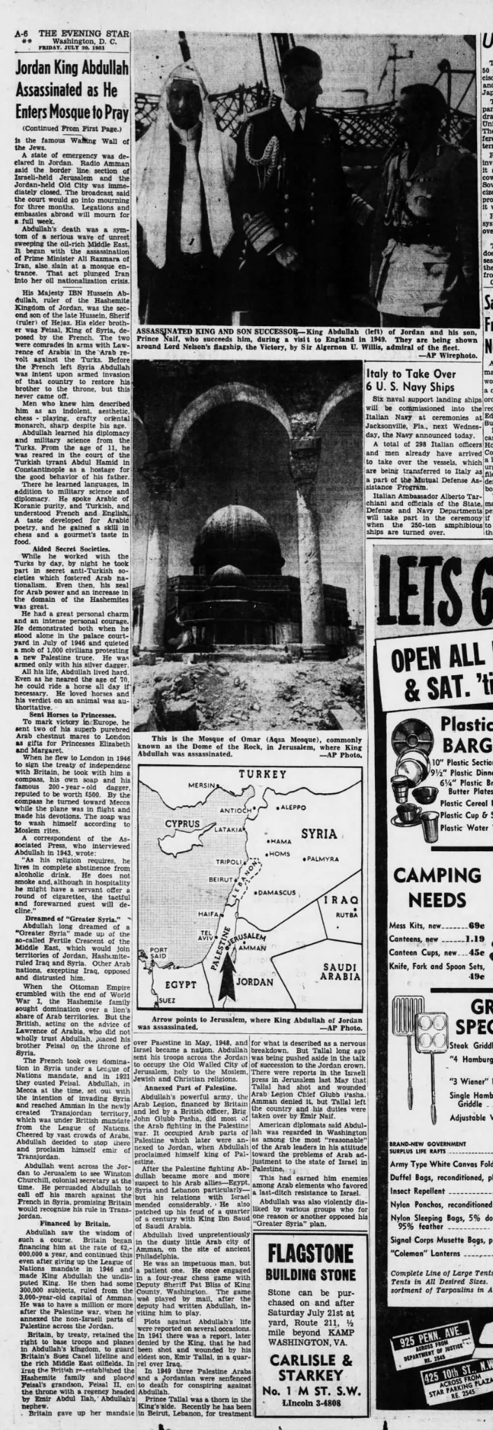 Jordan King Abdullah Assassinated as He Enters Mosque to Pray &mdash; Evening Star, 20 July 1951