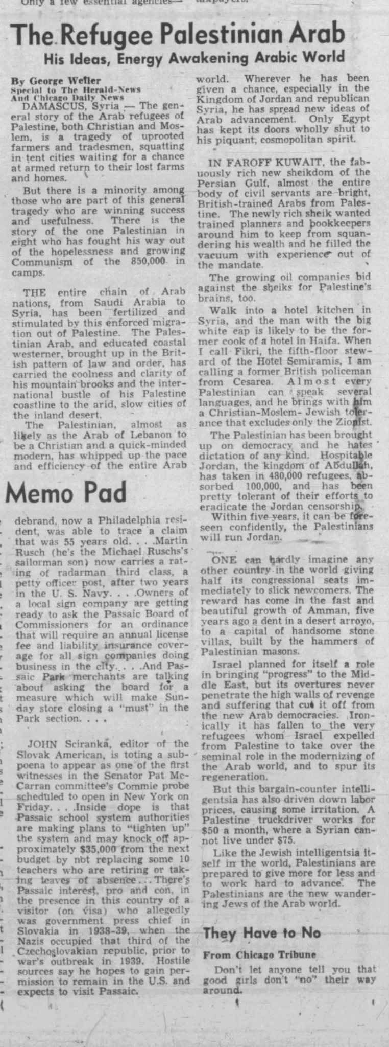The Refugee Palestinian Arab &mdash; The Herald News, 6 June 1951