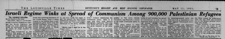 Israeli Regime Winks at Spread of Communism Among 900,000 Palestinian Refugees — The Louisville Times, 11 May 1951