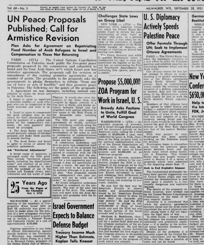 UN Peace Proposals Published; Call for Armistice Revision — Wisconsin Jewish Chronicle, 28 September 1951