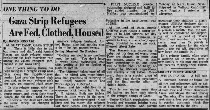 Gaza Strip Refugees Are Fed, Clothed, Housed &mdash; Herald Statesman, 6 January 1960
