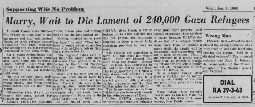 Marry, Wait to Die Lament of 240,000 Gaza Refugees &mdash; Press and Sun Bulletin, 6 January 1960