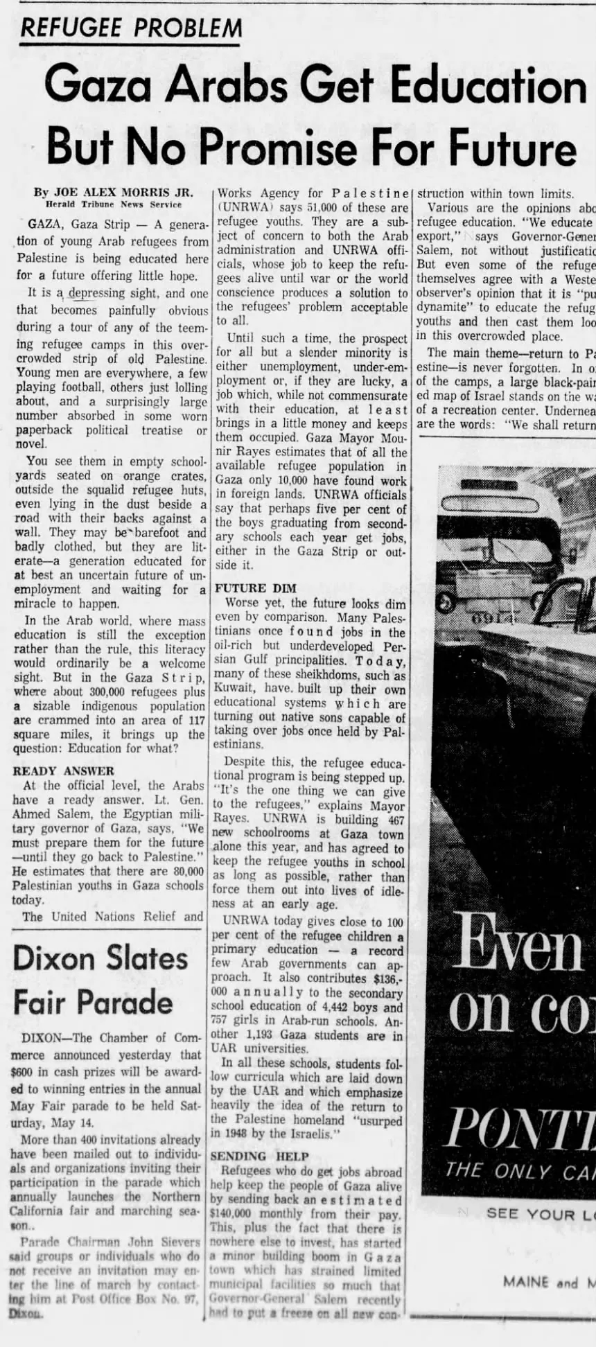 Gaza Arabs Get Education But No Promise For Future &mdash; Times Herald, 10 April 1960