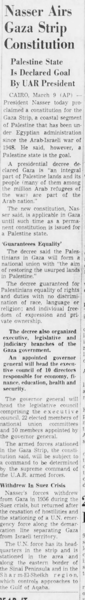 Nasser Airs Gaza Strip Constitution &mdash; Pittsburgh Post-Gazette, 10 March 1962