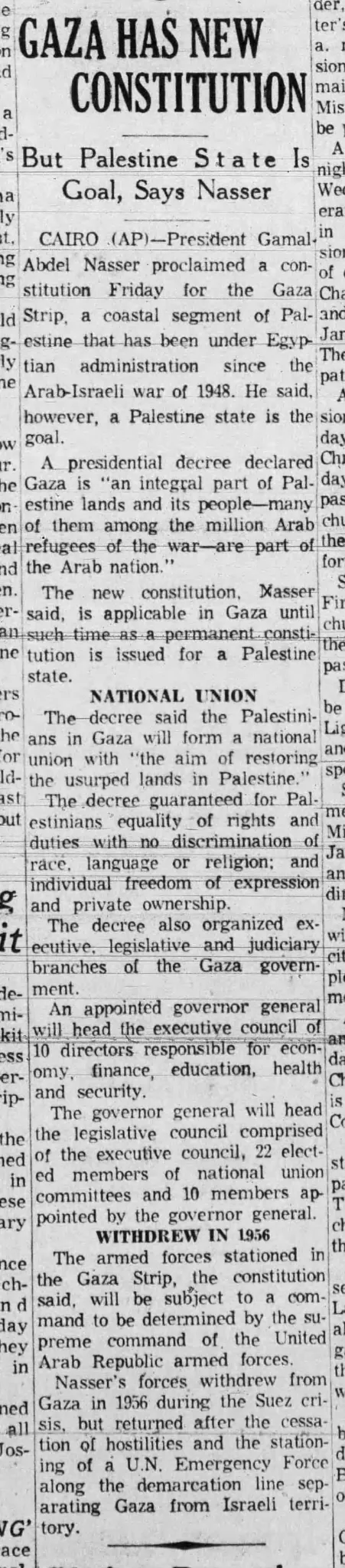 GAZA HAS NEW CONSTITUTION; But Palestine State Is Goal, Says Nasser — The Times Picayune, 10 March 1962
