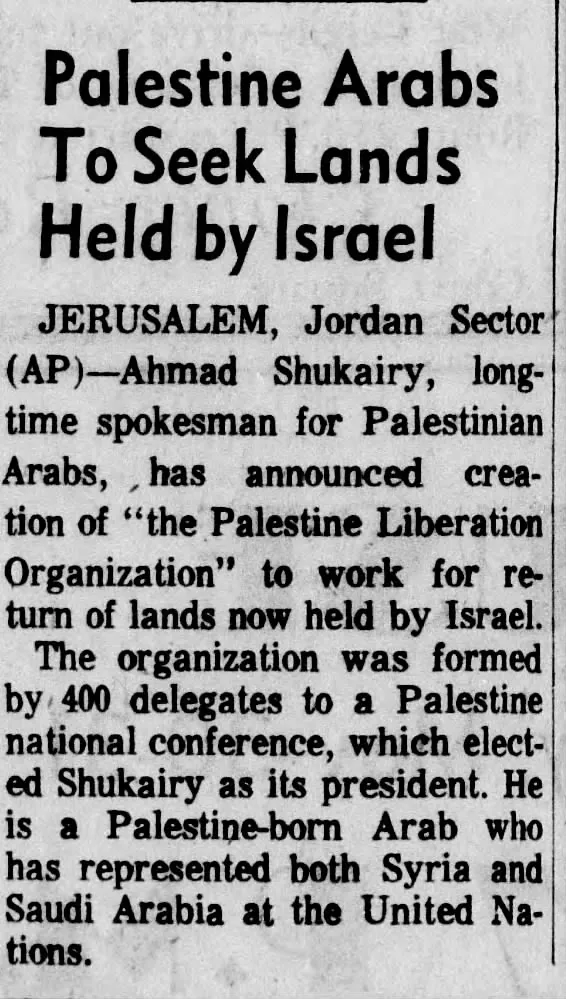 Palestine Arabs To Seek Lands Held by Israel — The Daily Progress, 30 May 1964