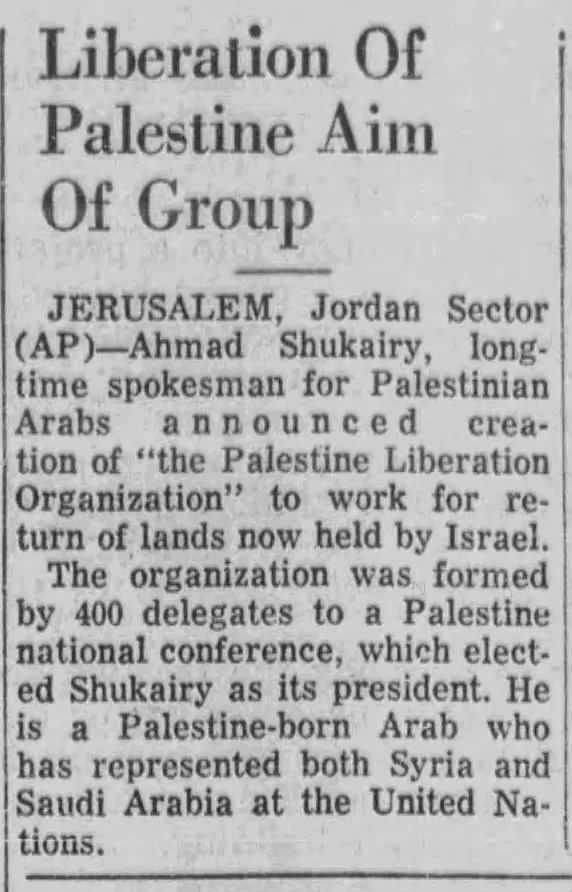 Liberation Of Palestine Aim Of Group — Las Cruces Sun News, 31 May 1964