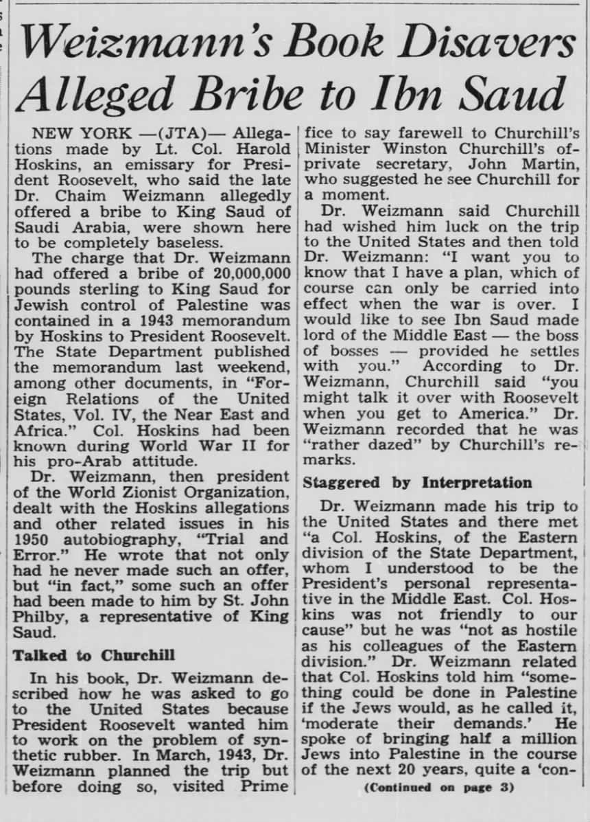 Weizmann's Book Disavers Alleged Bribe to Ibn Saud — Wisconsin Jewish Chronicle, 29 May 1964
