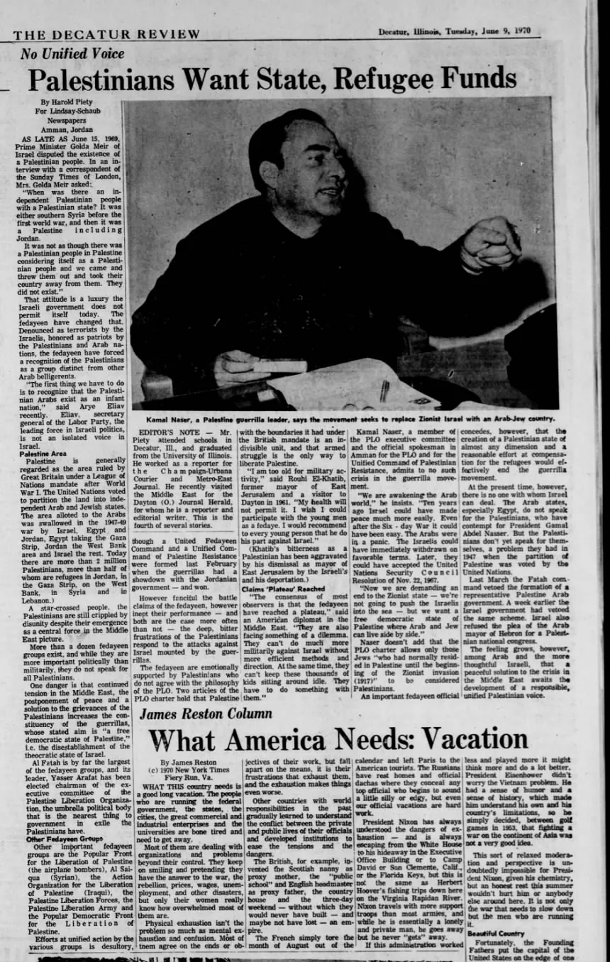 Palestinians Want State, Refugee Funds &mdash; The Decatur Review, 9 June 1970