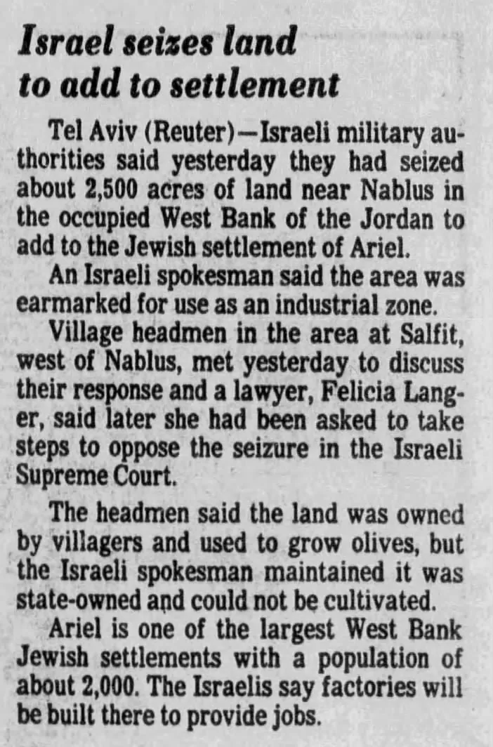 Israel seizes land to add to settlement — The Baltimore Sun, 9 February 1981