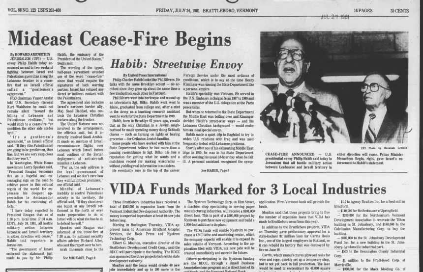 Mideast Cease-Fire Begins — Brattleboro Reformer, 24 July 1981
