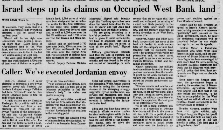 Israel steps up its claims on Occupied West Bank land — The Miami Herald, 11 February 1981