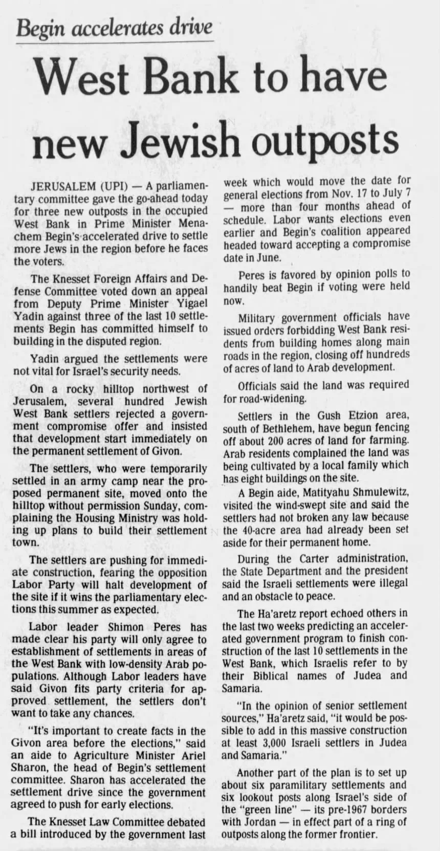 West Bank to have new Jewish outposts — The Register-Guard, 26 January 1981