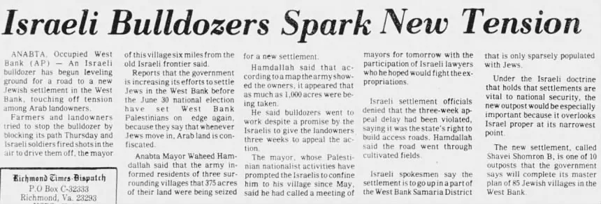 Israeli Bulldozers Spark New Tension — Richmond Times-Dispatch, 14 March 1981