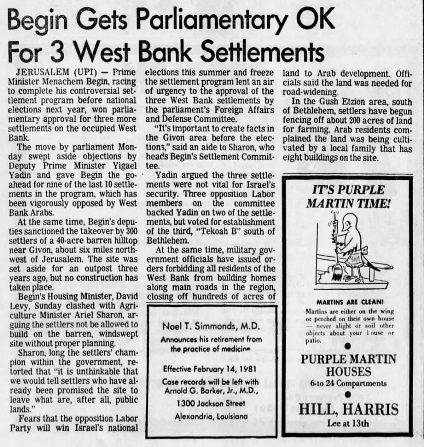 Begin Gets Parliamentary OK For 3 West Bank Settlements — The Town Talk, 27 January 1981