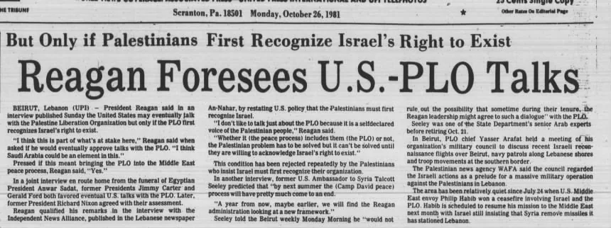 Reagan Foresees U.S.-PLO Talks — The Tribune, 26 October 1981