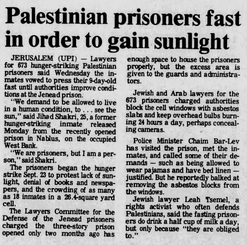 Palestinian prisoners fast in order to gain sunlight &mdash; Columbia Missourian, 4 October 1984