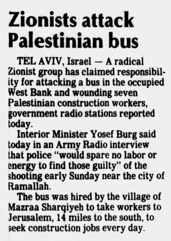 Zionists attack Palestinian bus &mdash; The Columbian, 5 March 1984