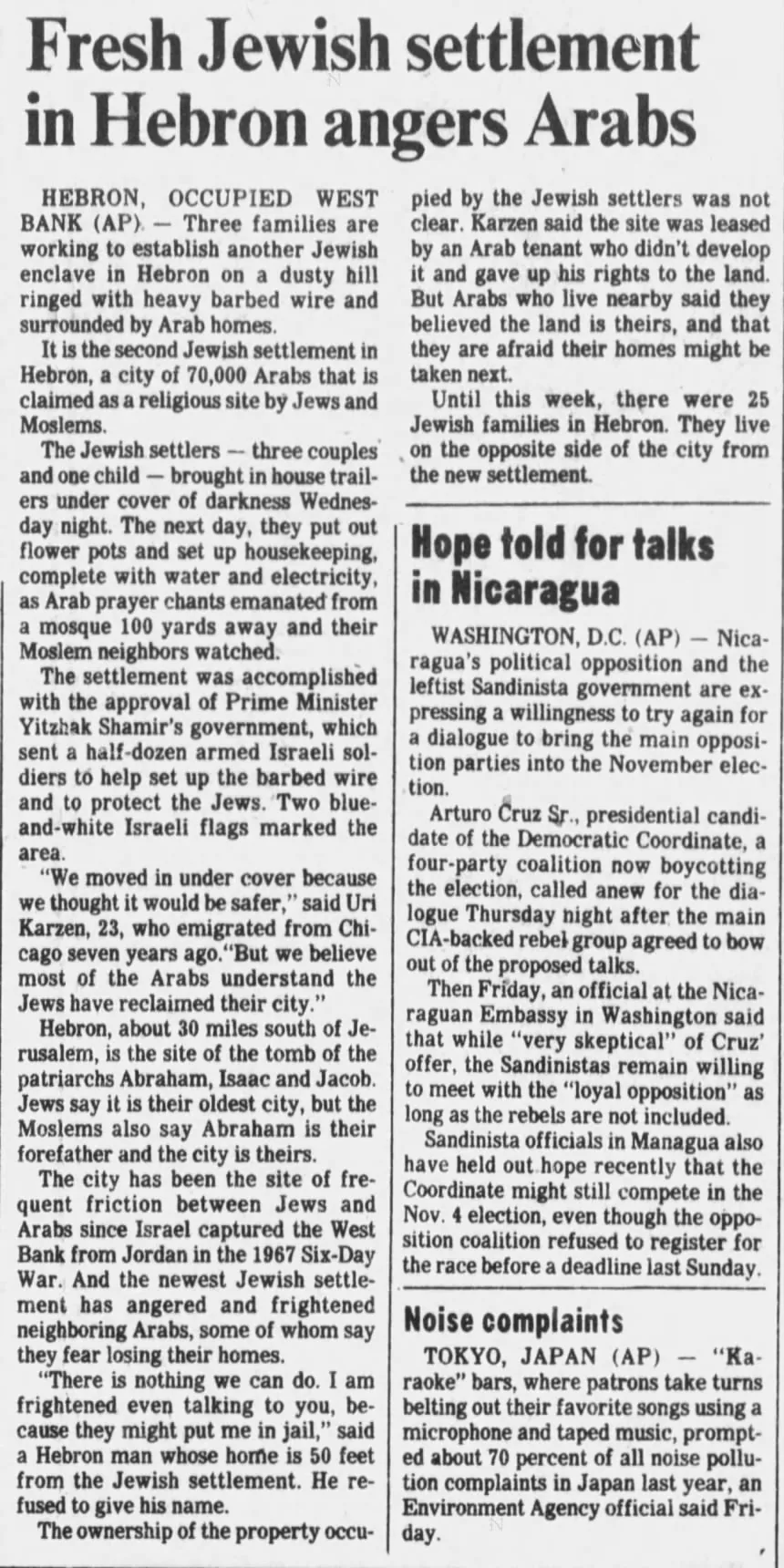 Fresh Jewish settlement in Hebron angers Arabs &mdash; Des Moines Register, 11 August 1984