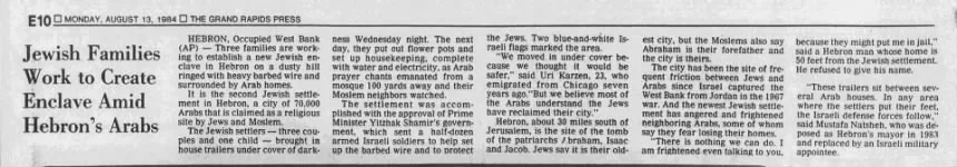 Jewish Families Work to Create Enclave Amid Hebron's Arabs &mdash; The Grand Rapids Press, 13 August 1984