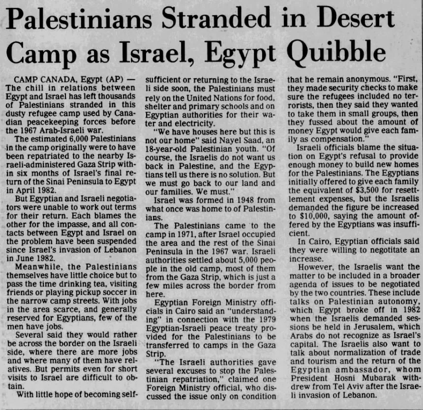 Palestinians Stranded in Desert Camp as Israel, Egypt Quibble &mdash; The Grand Rapids Press, 7 November 1984