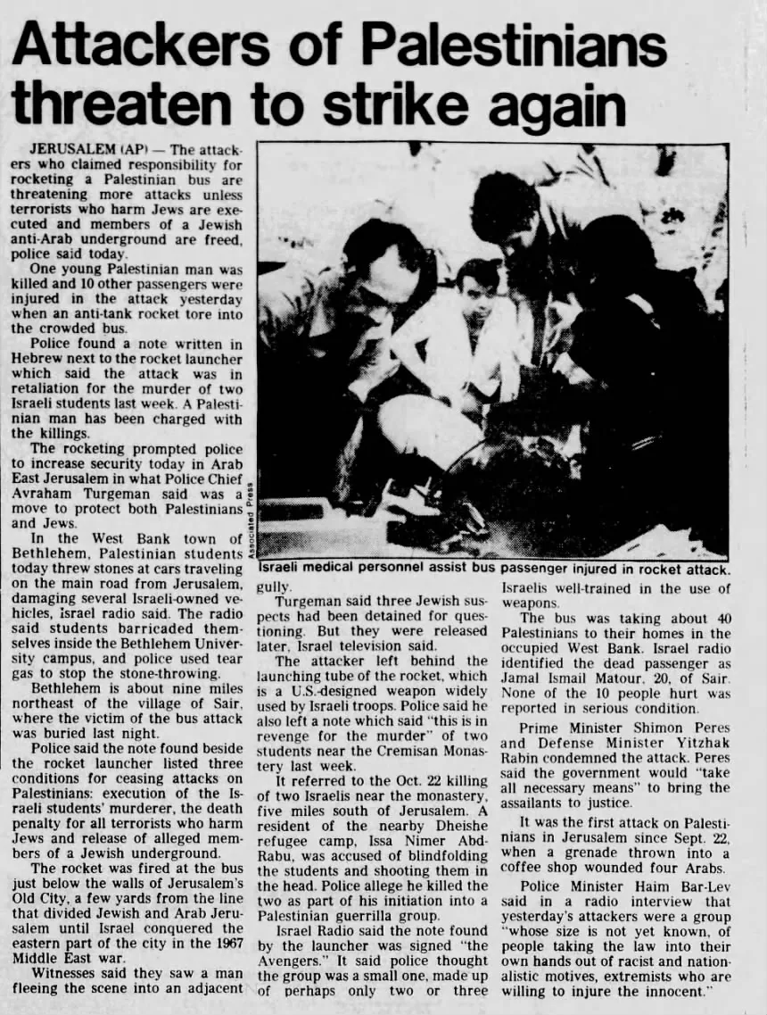 Attackers of Palestinians threaten to strike again &mdash; Los Angeles Herald Examiner, 29 October 1984