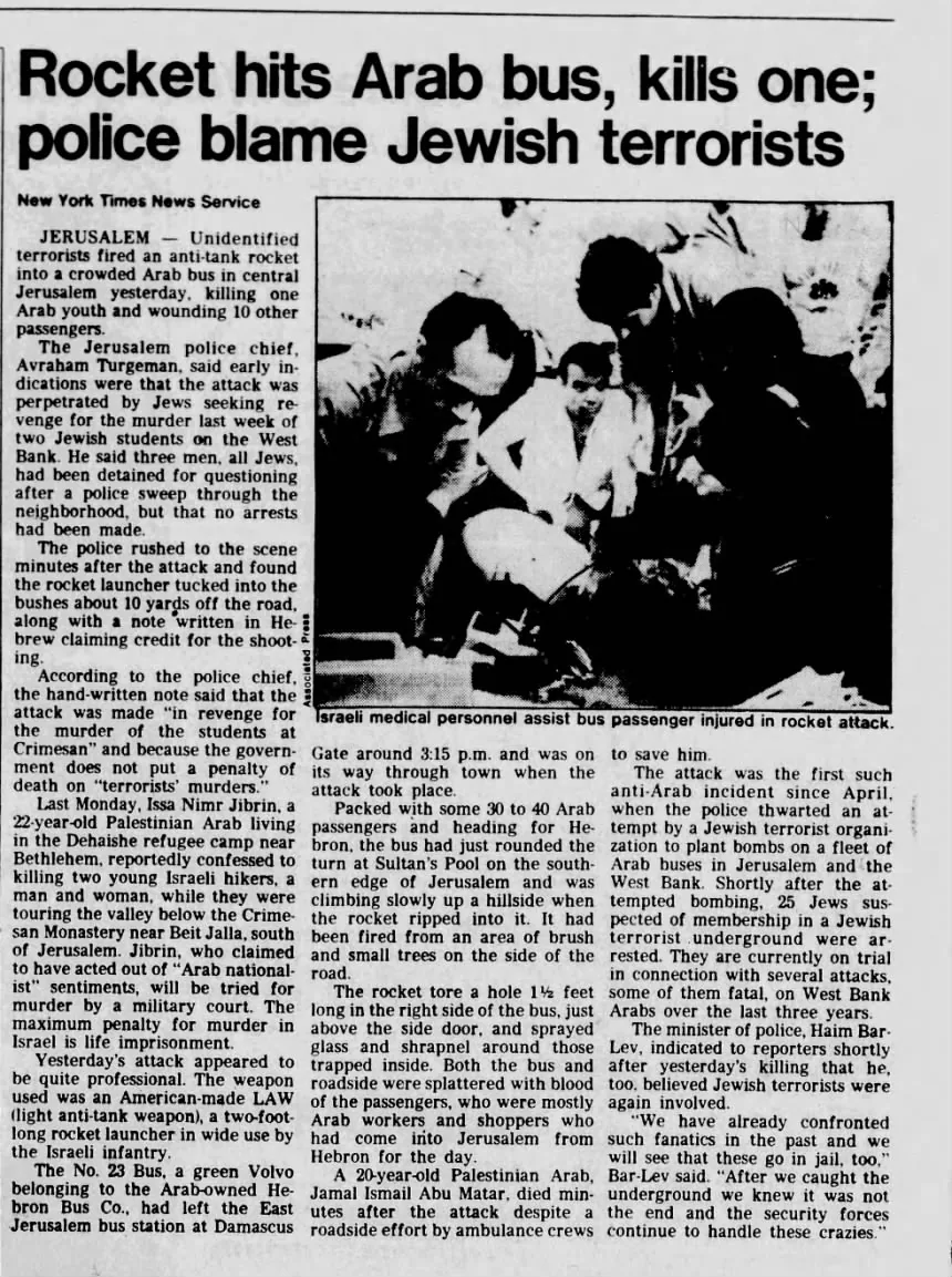 Rocket hits Arab bus, kills one; police blame Jewish terrorists &mdash; Los Angeles Herald Examiner, 29 October 1984