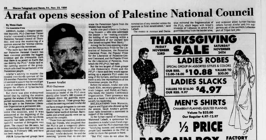 Arafat opens session of Palestine National Council — Macon Telegraph and News, 23 November 1984