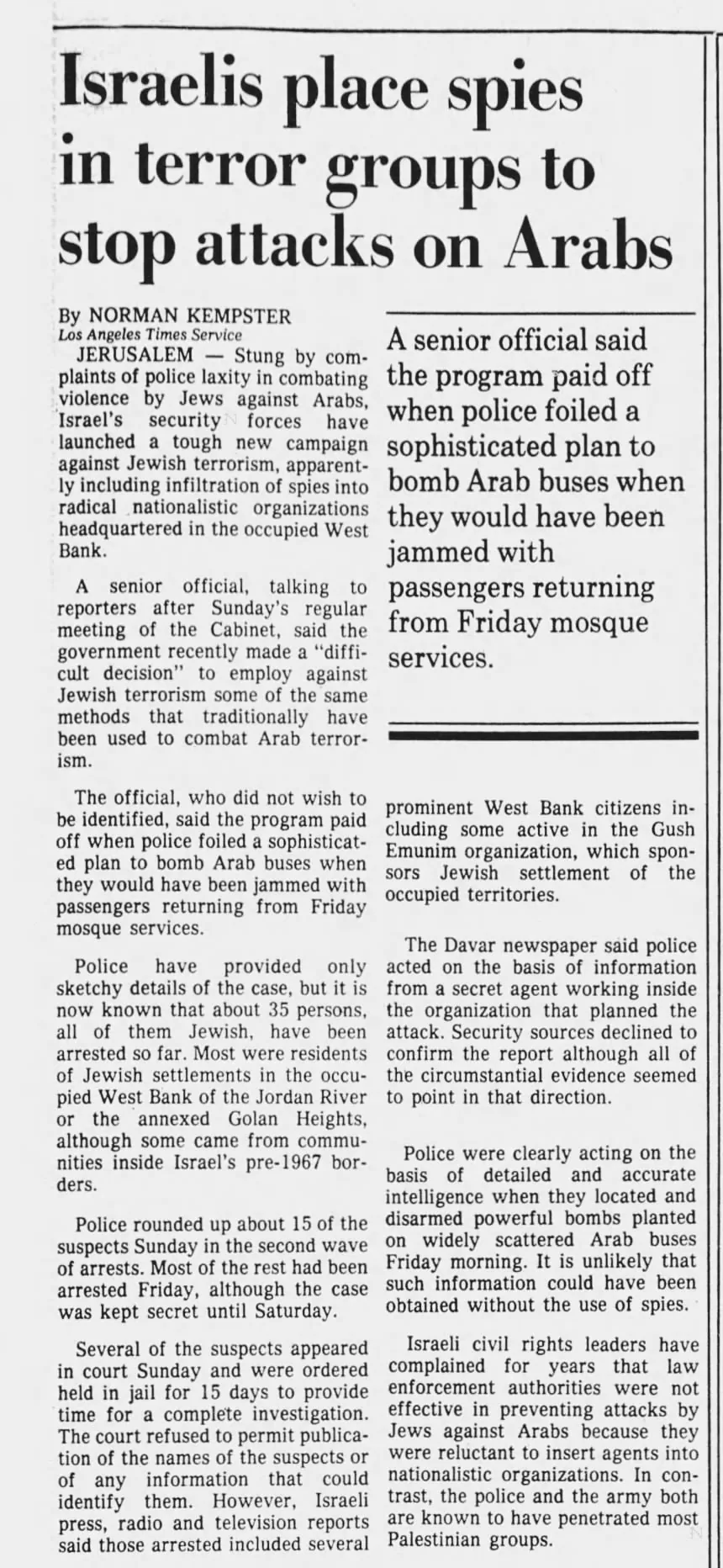 Israelis place spies in terror groups to stop attacks on Arabs &mdash; The Miami Herald, 30 April 1984