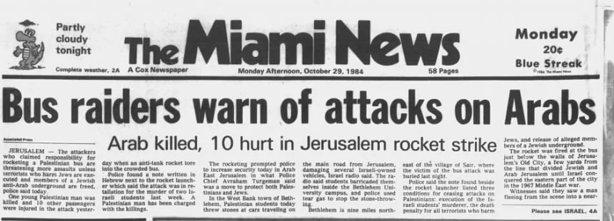 Bus raiders warn of attacks on Arabs — Miami News, 29 October 1984