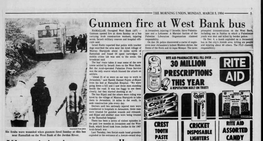 Gunmen fire at West Bank bus &mdash; The Morning Union, 5 March 1984
