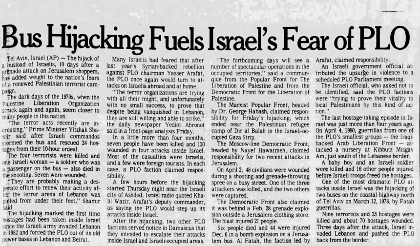 Bus Hijacking Fuels Israel's Fear of PLO &mdash; Omaha World-Herald, 14 April 1984