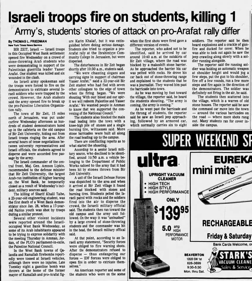 Israeli troops fire on students, killing 1 — The Oregonian, 22 November 1984