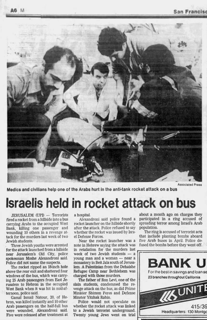 Israelis held in rocket attack on bus &mdash; San Francisco Examiner, 29 October 1984