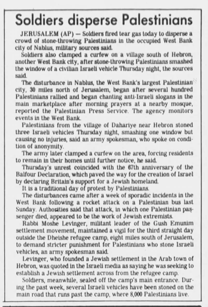 Soldiers disperse Palestinians &mdash; South Bend Tribune, 2 November 1984