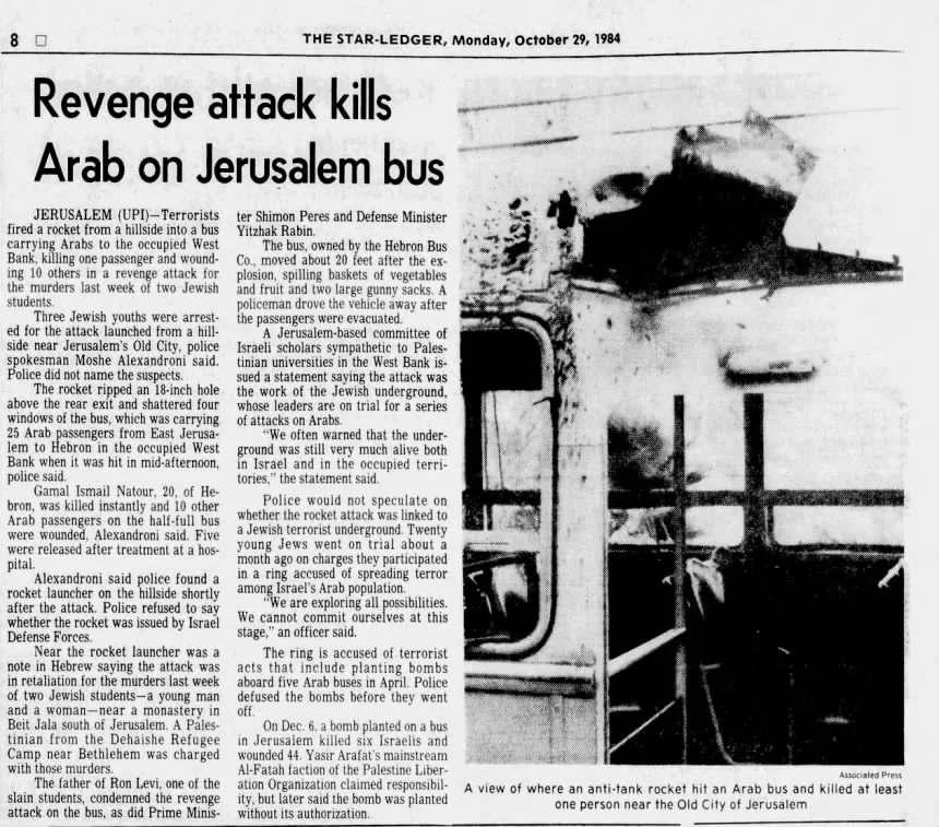 Revenge attack kills Arab on Jerusalem bus &mdash; The Star-Ledger, 29 October 1984