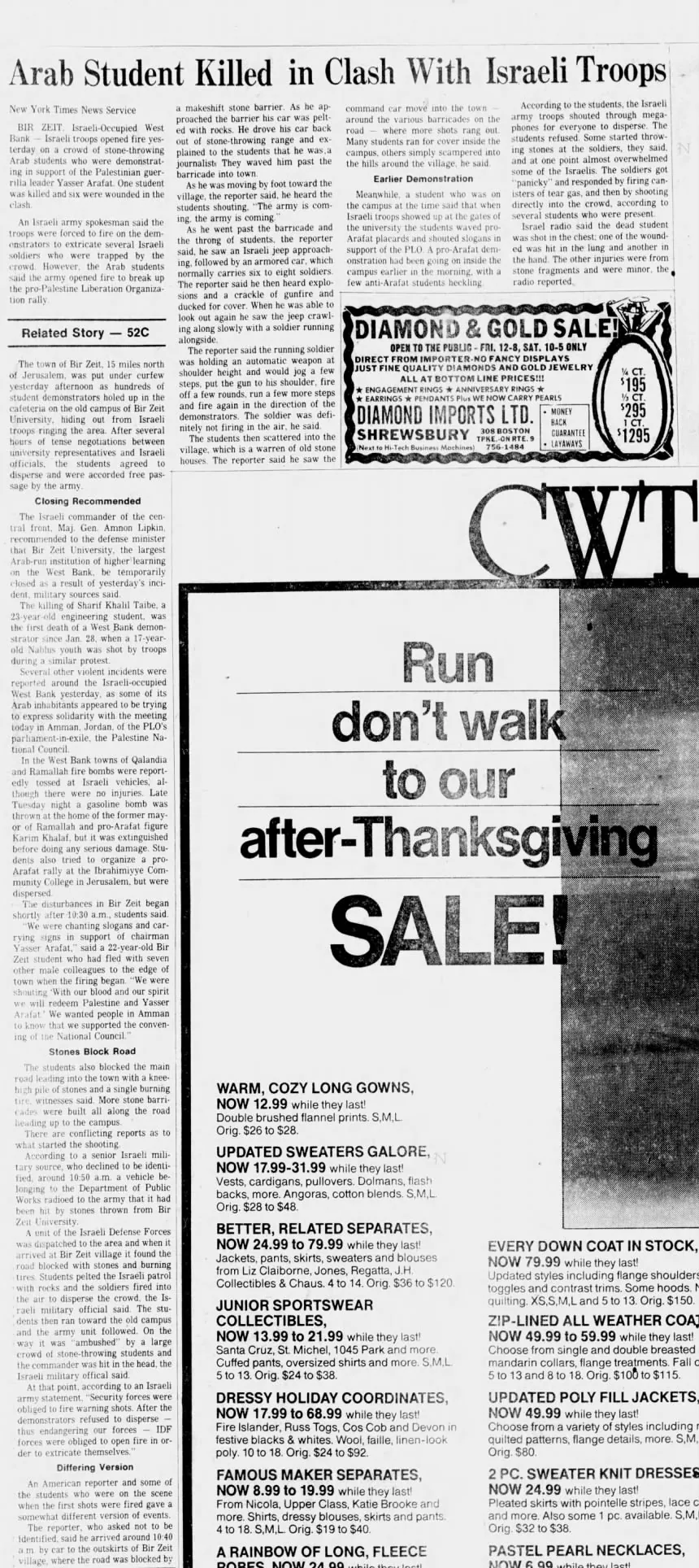 Arab Student Killed in Clash With Israeli Troops — Worcester Telegram, 22 November 1984