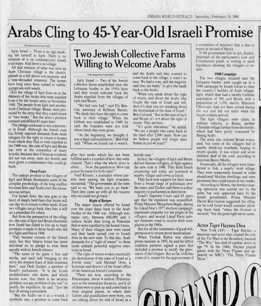 Arabs Cling to 45-Year-Old Israeli Promise — Omaha World-Herald, 19 February 1994