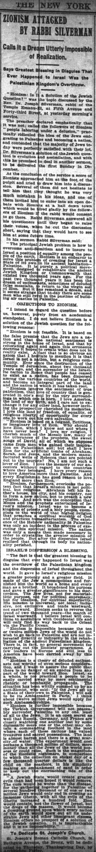 Zionism Attacked by Rabbi Silverman — The New York Times, 24 November 1902